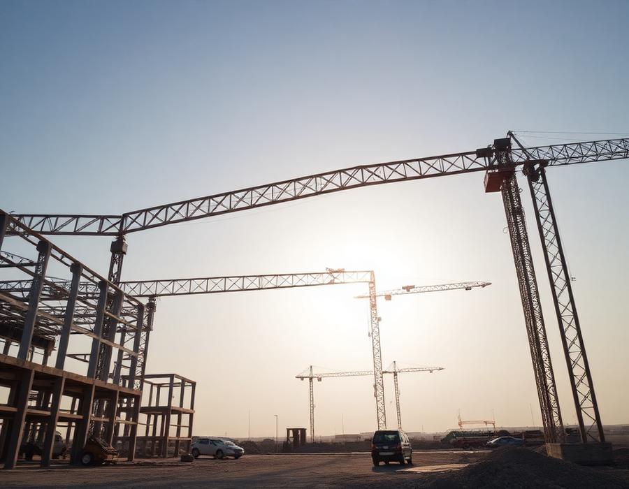 Industrial warehouse steel frame construction site