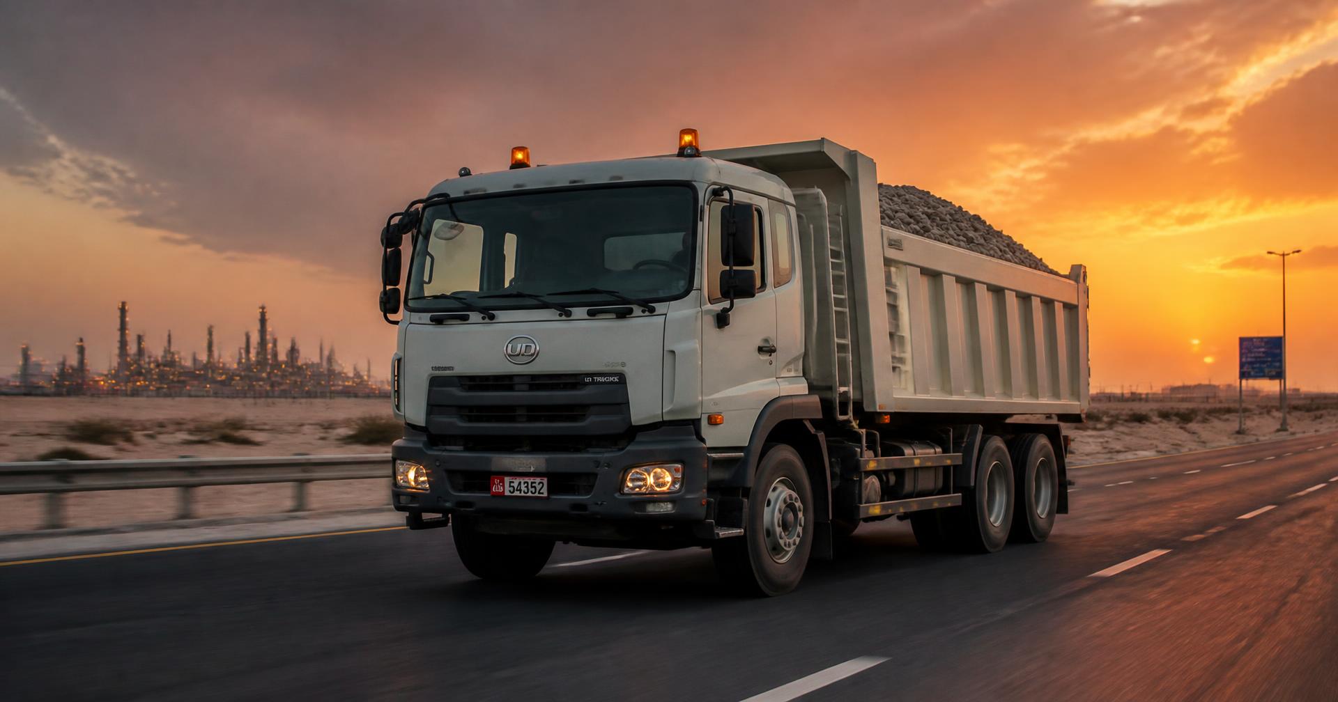 Loaded tipper truck delivering gravel on a highway near Abu Dhabi